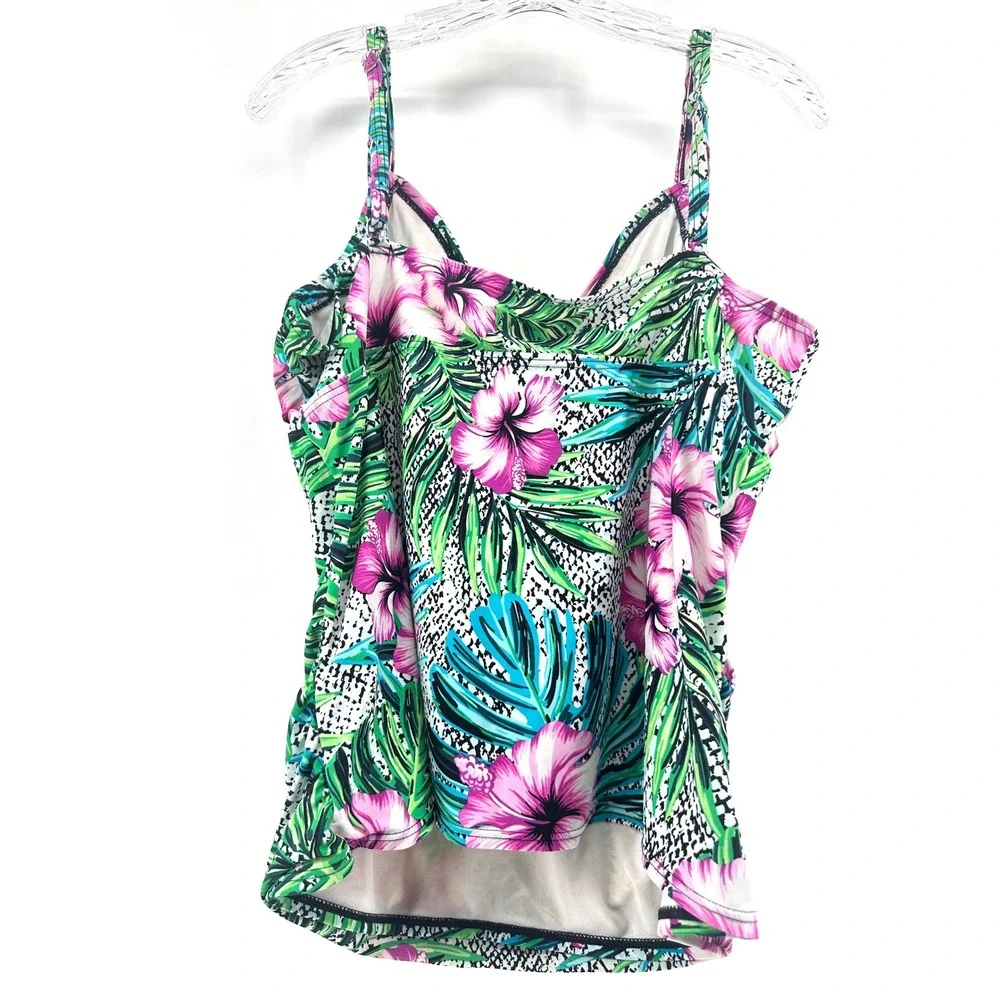 St Johns Bay Womens Floral Tropical Animal Print Tankini Swim Top Pink Green 16